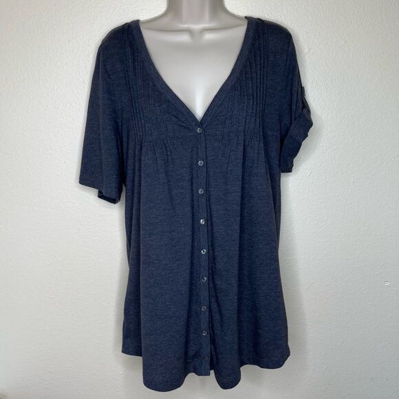 Old Navy Pintuck Button Front Short Roll Tab Gray V Neck Tunic T Women Large - Picture 13 of 13